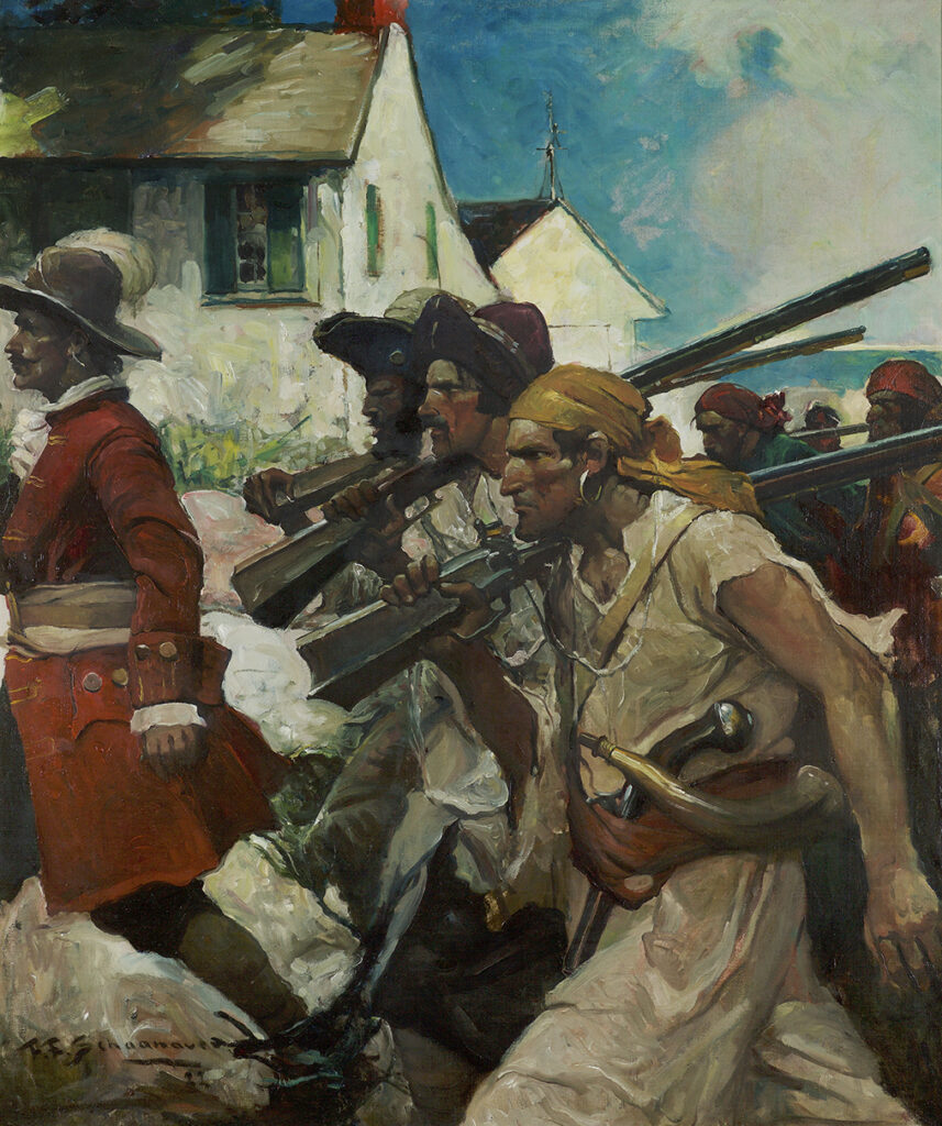 Howard Pyle: Frank Schoonover, Pirates Coming Through Charleston, 1922, private collection. Antiques and the Arts Weekly.
