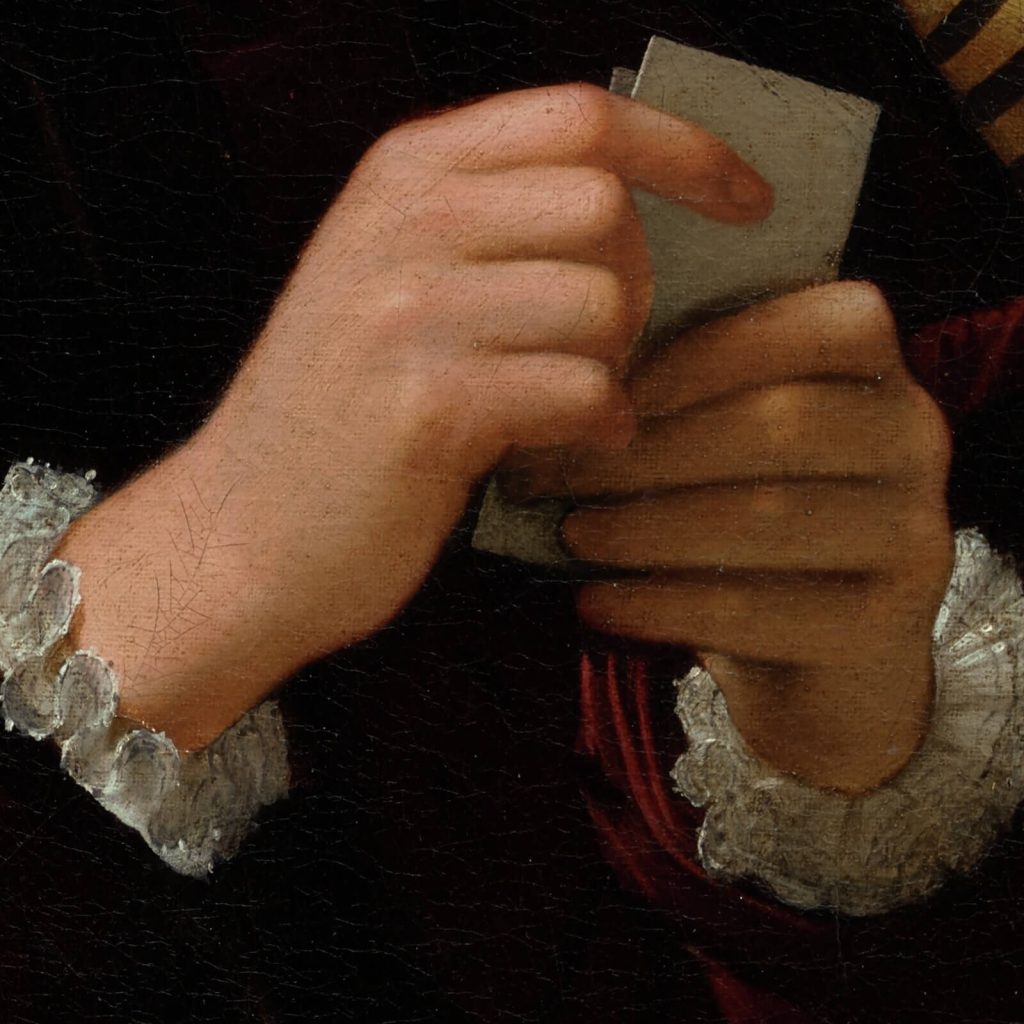 Caravaggio Cardsharps: Caravaggio, The Cardsharps, ca. 1596–1597, Kimbell Art Museum, Fort Worth, TX, USA. Detail.
