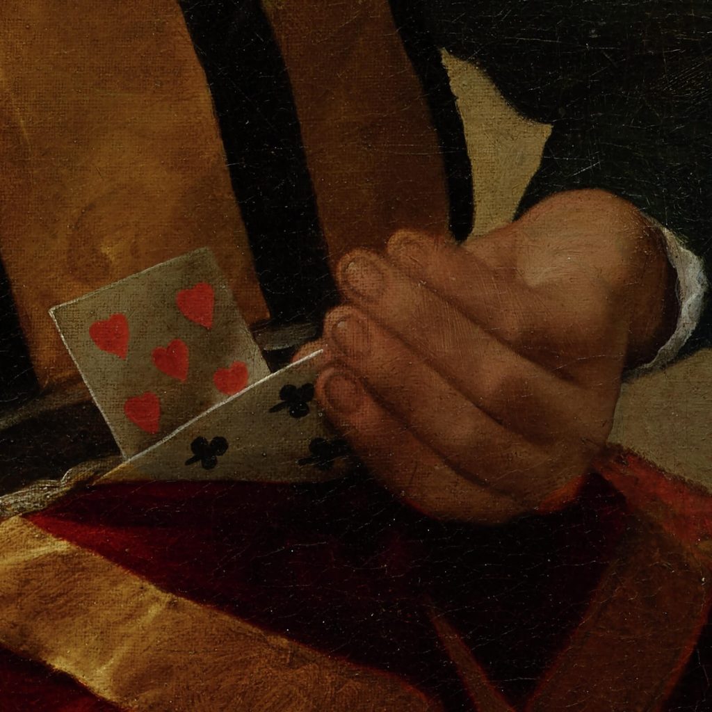 Caravaggio Cardsharps: Caravaggio, The Cardsharps, ca. 1596–1597, Kimbell Art Museum, Fort Worth, TX, USA. Detail.
