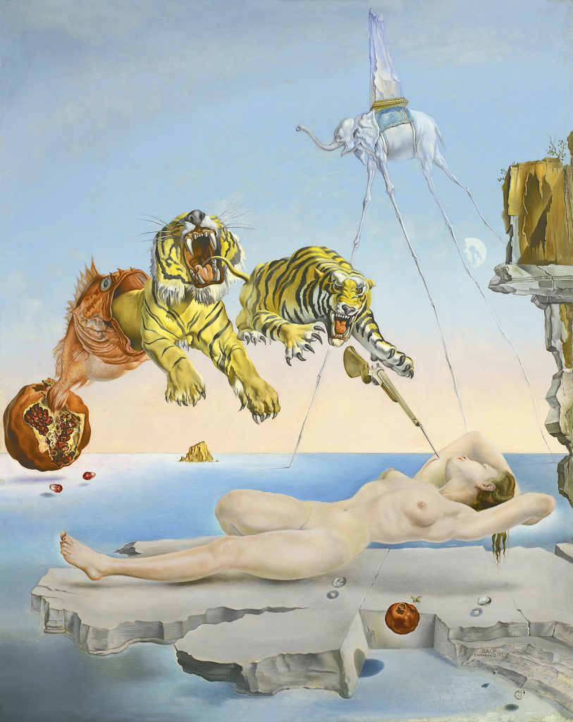 salvador dalí artworks: Salvador Dalí, Dream Caused by the Flight of a Bee Around a Pomegranate a Second Before Awakening, 1944, Thyssen-Bornemisza Museum, Madrid, Spain.
