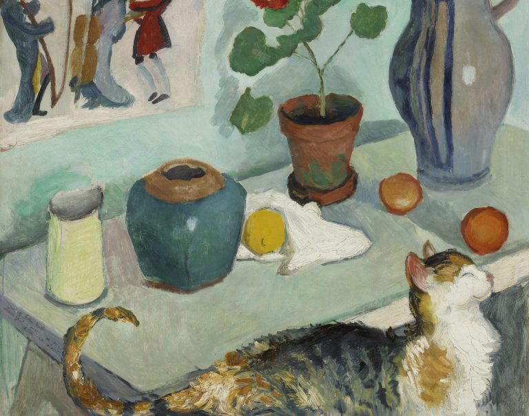 Lenbachhaus: August Macke, The Spirit in the House Stalls: Still Life with Cat (Der Geist im Hausgestühl: Stillleben mit Katze), 1910, Städtische Galerie, Lenbachhaus, Munich, Germany. Detail.
