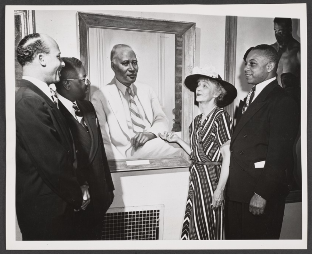 Betsy Graves Reyneau: Betsy Graves Reyneau pictured with Edgar J. Johnson, George A. Beavers, Jr., and Norman O. Houston as they look at her portrait of Charles Hamilton Houston, 1948, The University of California, Los Angeles, Library Special Collections, Los Angeles, CA, USA.
