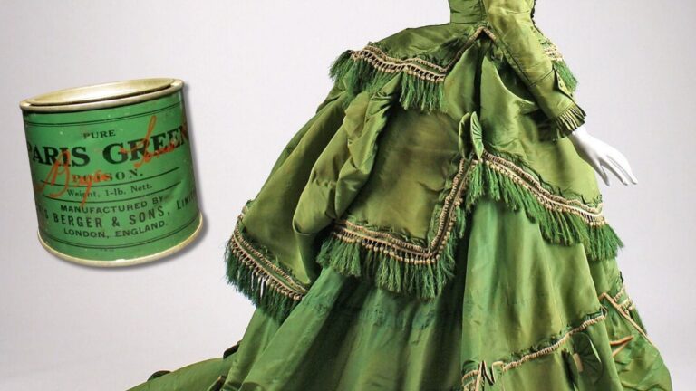 painters pigments: Can: Victorian Arsenical product, Madame Talbot Collection. RNZ. Dress: Afternoon dress, 1868, Metropolitan Museum of Art, New York City, NY, USA. Images combined and edited by DailyArt Magazine.
