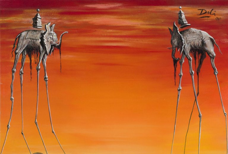 salvador dalí artworks: Salvador Dalí, The Elephants, 1948, private collection. Singulart. Detail.
