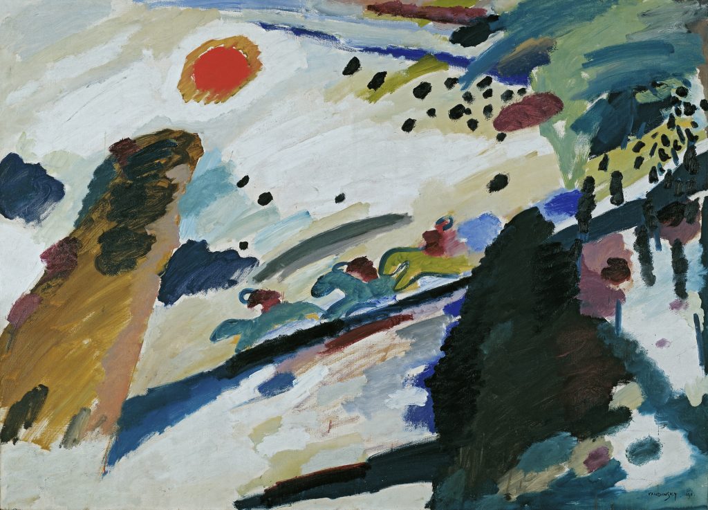 Lenbachhaus: Wassily Kandinsky, Romantic Landscape, 1911, Städtische Galerie, Lenbachhaus, Munich, Germany.
