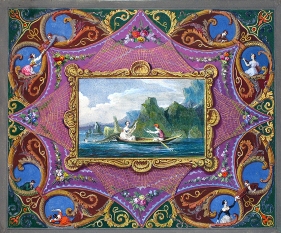 grand tour souvenirs: Salvatore Busuttil, Scene with Man Rowing and Woman Playing a Musical Instrument, gouache on paper, MUŻA, Valletta, Malta.
