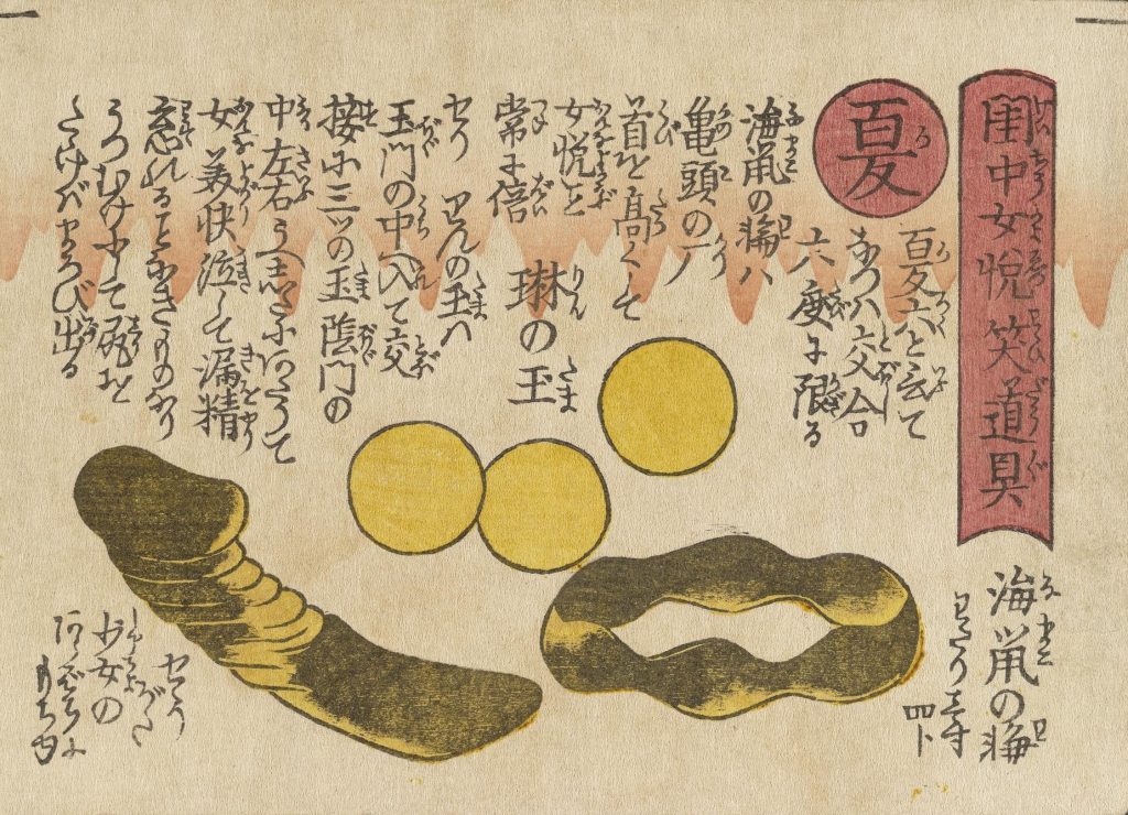 shunga: Keisai Eisen, Namako no wa, rin no tama, shō-gata (Summer: Sea-cucumber Ring, Jewel Balls, Small Dildo) from Keichū nyo’etsu warai-dōgu (Sex Toys for Women’s Pleasure in the Bedroom), 1822–1824, British Museum, London, UK. Museum’s website.
