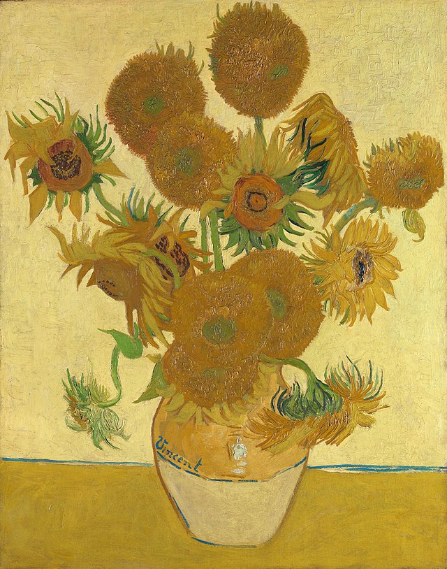 yellow paintings: Vincent van Gogh, Sunflowers, 1888, National Gallery, London, UK. Wikimedia Commons (public domain).
