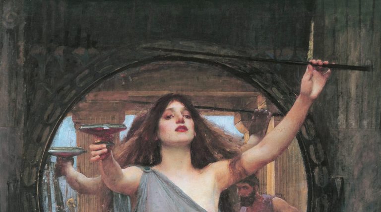 Women Greek Mythology: John William Waterhouse, Circe Offering the Cup to Ulysses, 1909, Oldham Art Gallery, Oldham, England, UK. Wikimedia Commons (public domain). Detail.
