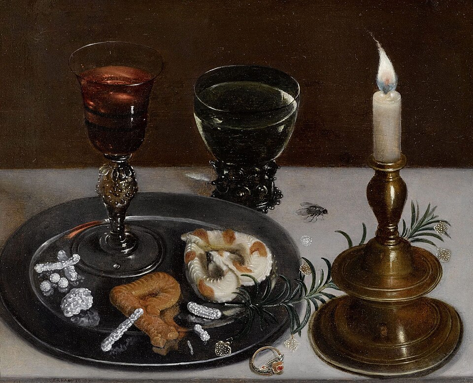 Carrie Mae Weems: Clara Peeters, Still Life with Sweets, Rosemary, Wine, Jewels, and a Burning Candle, 1607, private collection. Wikimedia Commons (public domain).
