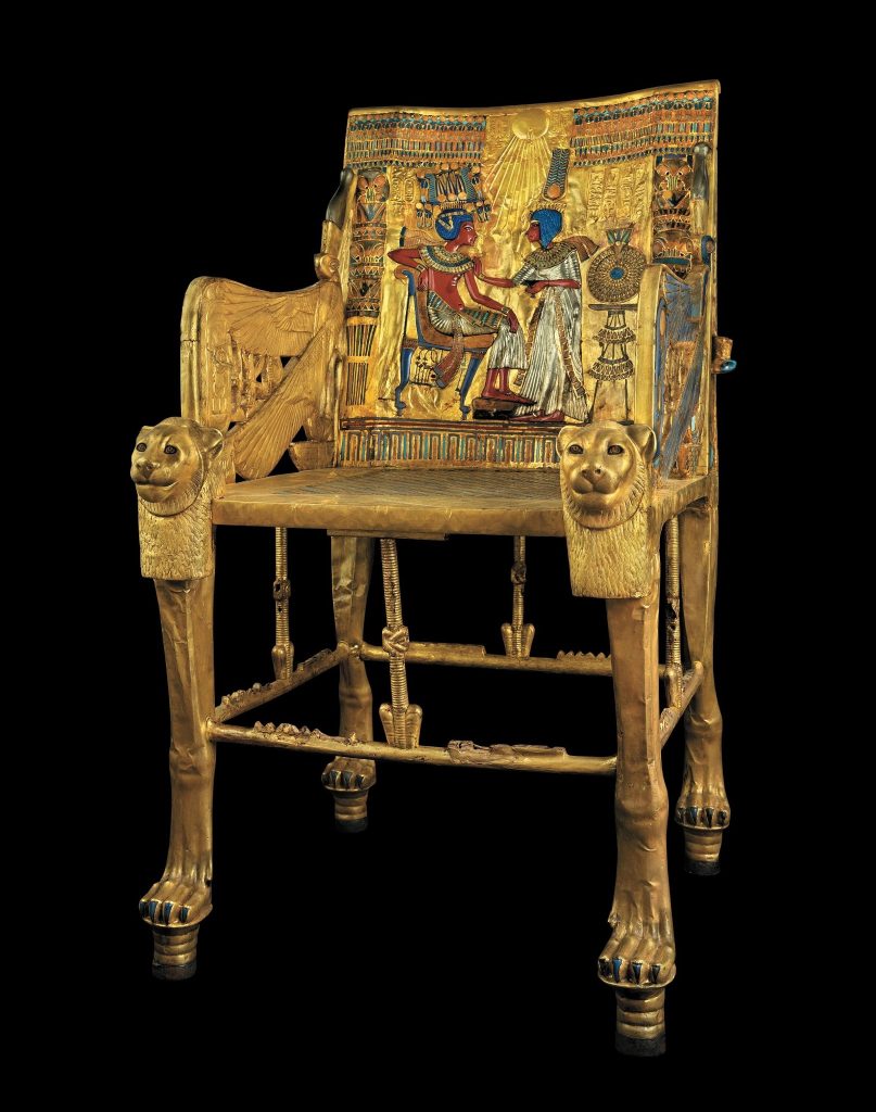 Grand Egyptian Museum: Golden Throne of Tutankhamun, c. 1323 BCE, Grand Egyptian Museum, Cairo, Egypt. EgyptMuseum.com.
