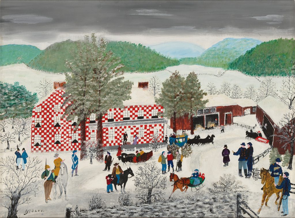 self-taught artists: 10 Famous Self-Taught Artists: Grandma Moses, Checkered House, 1955, Smithsonian American Art Museum, Washington, DC, USA. Museum’s website.
