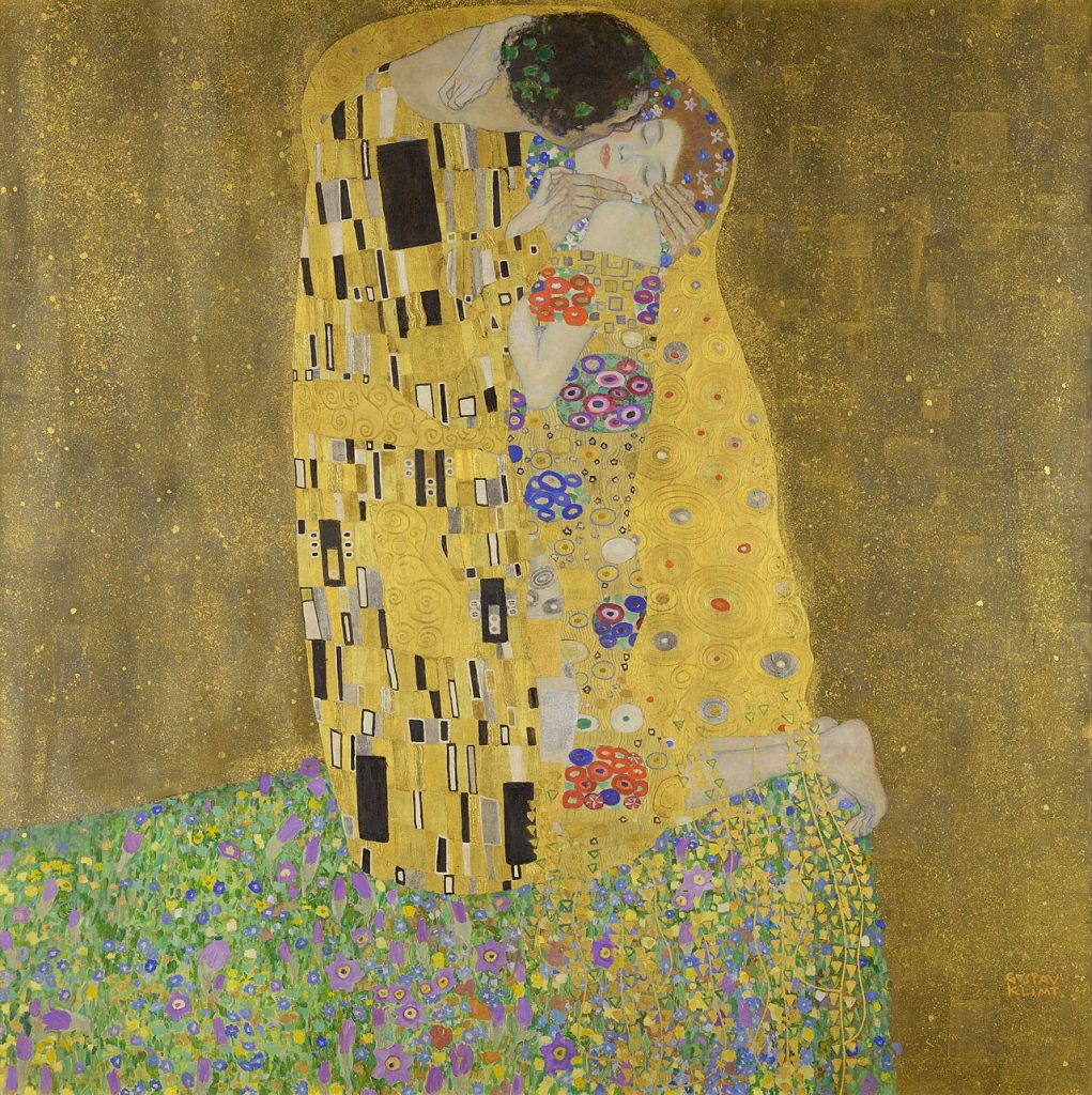yellow paintings: Gustav Klimt, The Kiss, 1907–1908, Österreichische Galerie Belvedere, Vienna, Austria. Wikimedia Commons (public domain).
