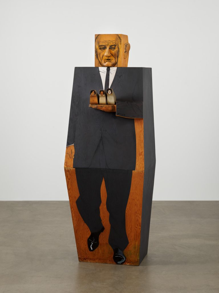 pop art women: Marisol Escobar, LBJ, 1967, Museum of Modern Art, New York City, NY, USA.
