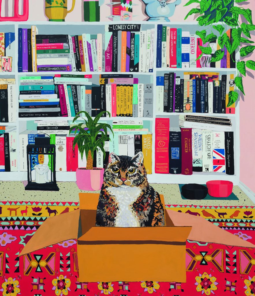 Cat Phaidon: 
Hilary Pecis, Clementine’s Bookshelf, 2021, Acrylic on linen, 74 × 64 in. / 188 × 162.6 cm. Private collection. Image courtesy David Kordansky Gallery, Photo by Ed Mumford. Cat, Phaidon, page 11.
