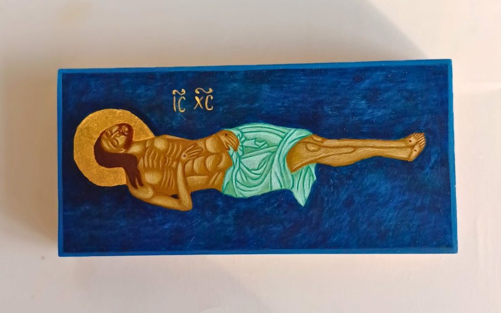 Epitaphios: Monika Bartosiak, Epitaphios, 2025, egg tempera and gold leaf on linden wood, Iconoria Studio, Warsaw, Poland. Photograph by the author.
