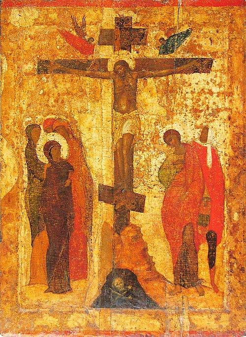 Epitaphios: Workshop of Daniel Chorny and Andrey Rublev, Crucifixion, 1420, Sergiev Posad, Russia. Wikimedia Commons (public domain).
