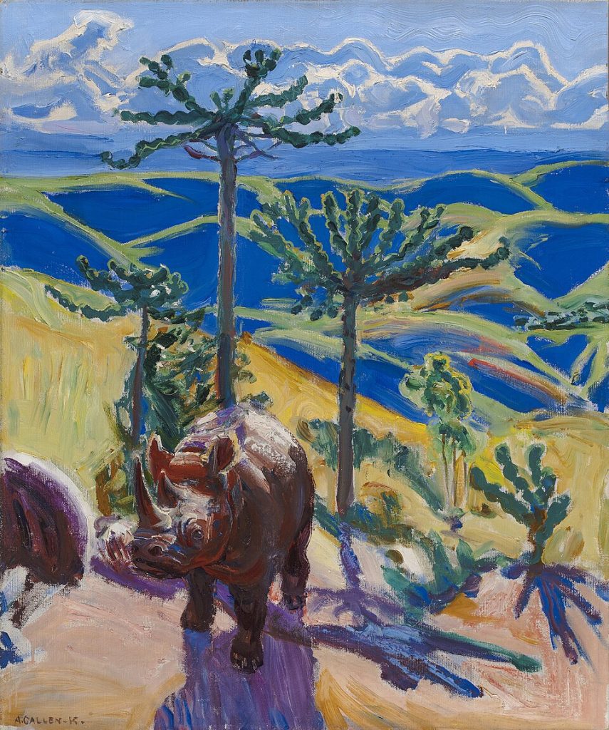Akseli Gallen-Kallela: Akseli Gallen-Kallela, Rhinoceros and Euphorbia Trees, 1909–1910, private collection. Wikimedia Commons (public domain).
