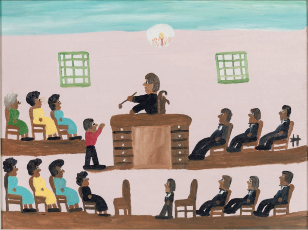 Clementine Hunter: Clementine Hunter, Untitled (Courtroom), early 1980s, American Folk Art Museum, New York City, NY, USA. Museum’s website.
