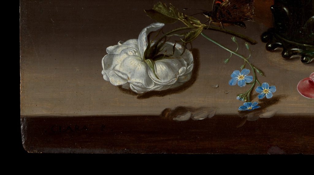 Met famous paintings: Clara Peeters, Bouquet of Flowers, ca. 1612, Metropolitan Museum of Art, New York City, NY, USA. Detail of the stone ledge with the artist’s signature: “Clara P.”

