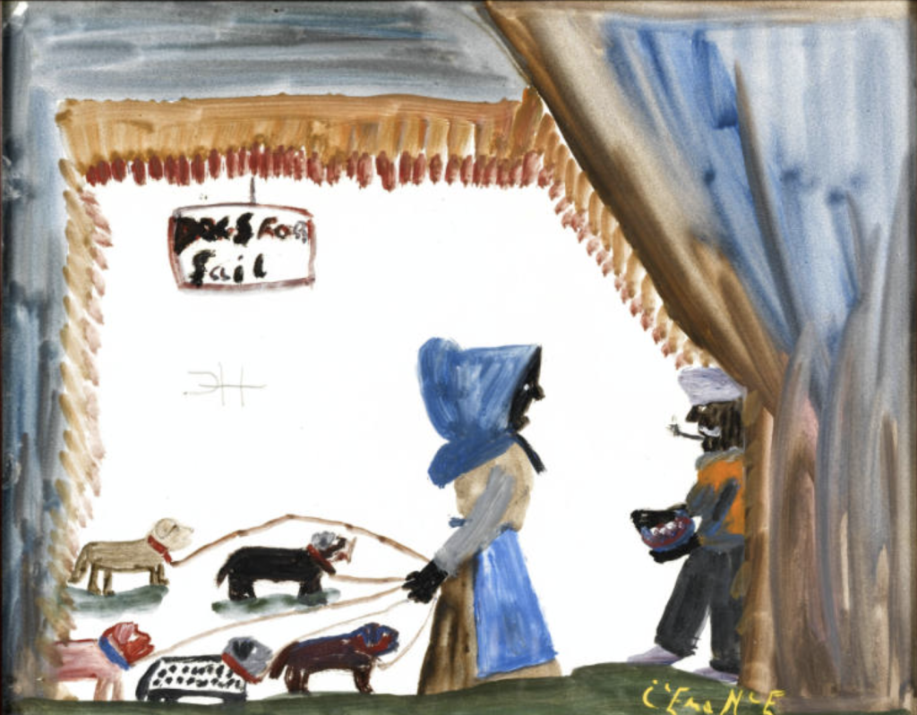 Clementine Hunter: Clementine Hunter, Dog for Sail, 1940s, American Folk Art Museum, New York City, NY, USA. Museum’s website.
