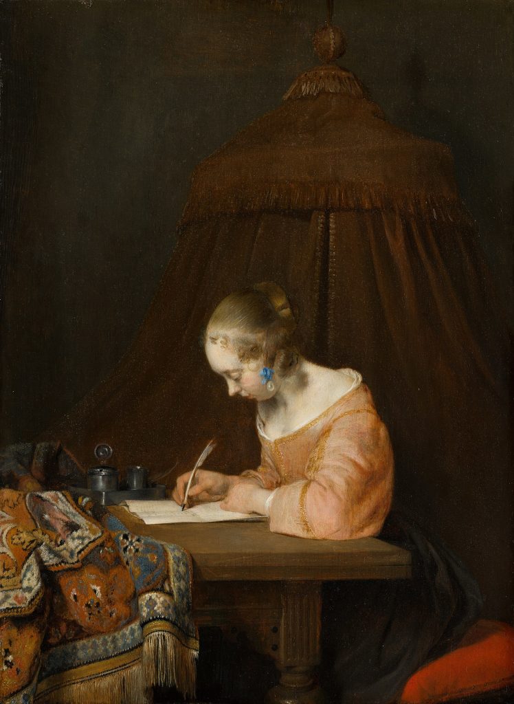 Dutch paintings love: Gerard ter Borch, Woman Writing a Letter, c. 1655, Mauritshuis, The Hague, Netherlands.
