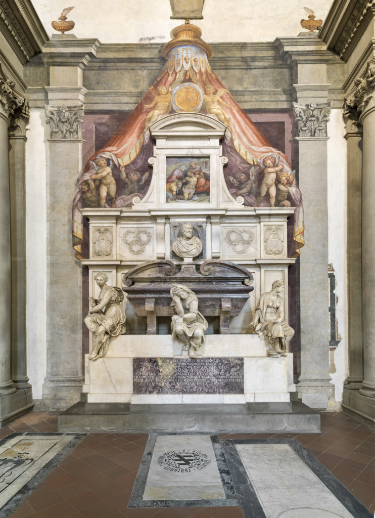 Theft of Michelangelo's body: Giorgio Vasari (project), Tomb of Michelangelo Buonarroti, 1564–1576, Santa Croce, Florence, Italy. Santa Croce.
