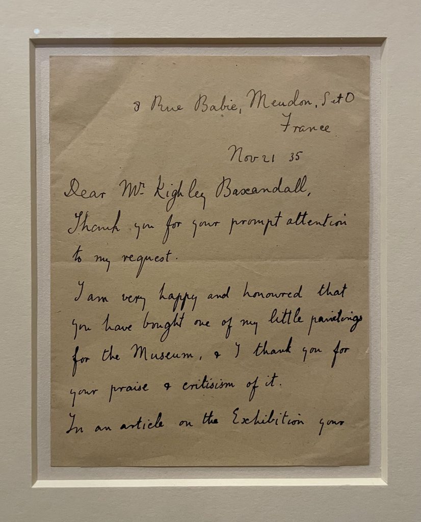 Gwen John Strange Beauties: Gwen John, Letter to Museum Wales, 1935, National Museum Cardiff, Cardiff, UK. Photograph by the author.

