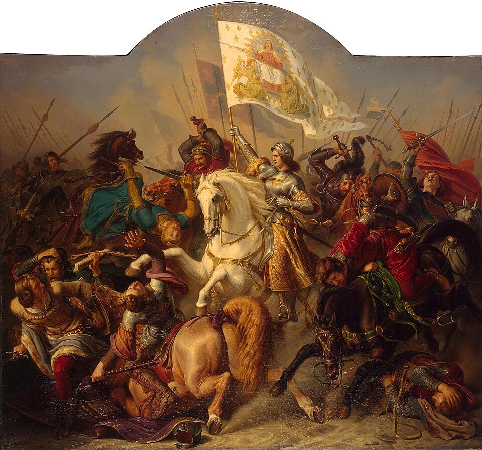 Joan of Arc paintings: Joan of Arc in 10 Paintings: Joan of Arc in 10 Paintings: Herman Stilke, Joan of Arc in Battle, central panel from The Life of Joan of Arc triptych, 1843, Hermitage Museum, Saint Petersburg, Russia.

