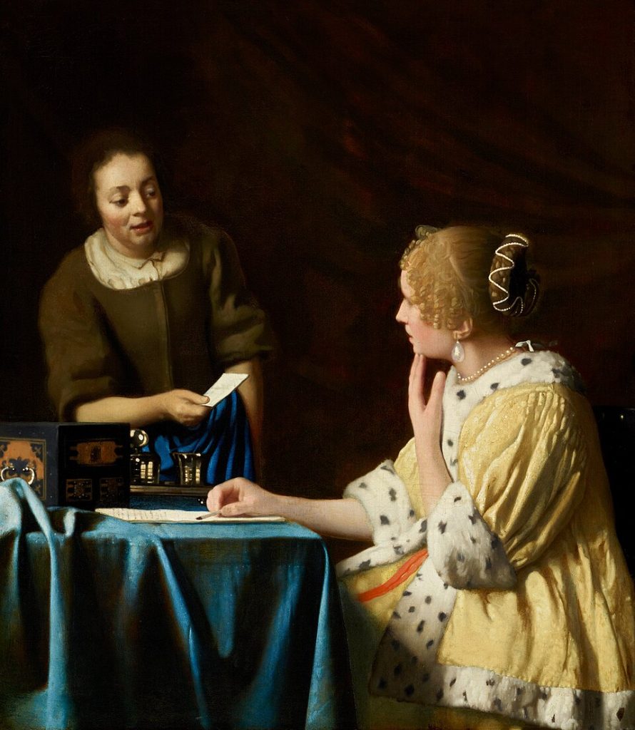 Dutch paintings love: Johannes Vermeer, Mistress and Maid, c. 1664–1667, Frick Collection, New York City, NY, USA.
