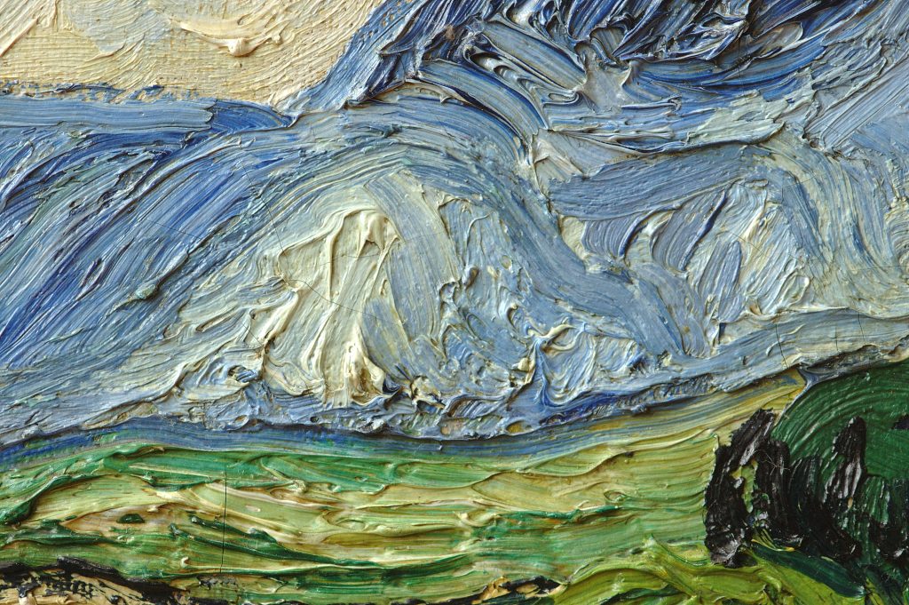 Met famous paintings: Vincent van Gogh, Wheat Field with Cypresses, 1889, Metropolitan Museum of Art, New York, NY, USA. Detail.
