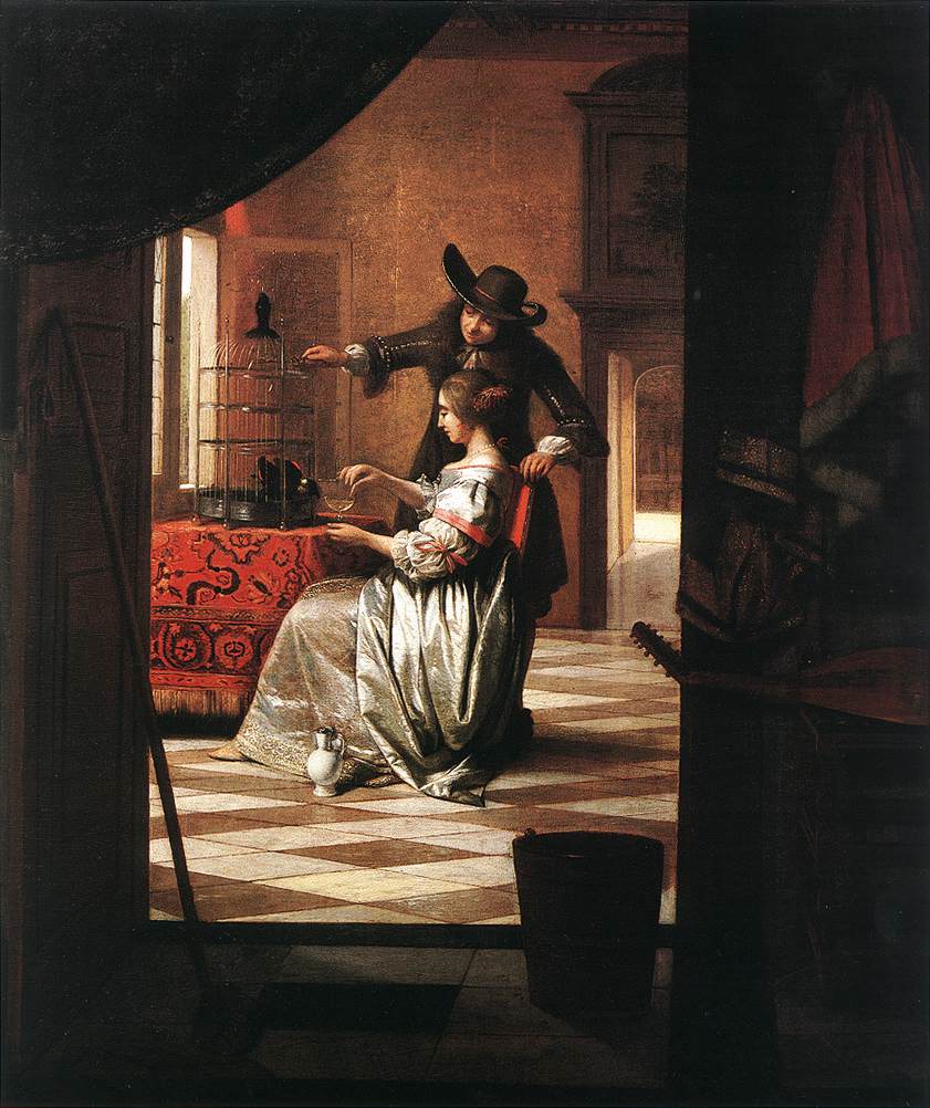 Dutch paintings love: Pieter de Hooch, Couple with a Parrot, 1668, Wallraf–Richartz Museum, Cologne, Germany.
