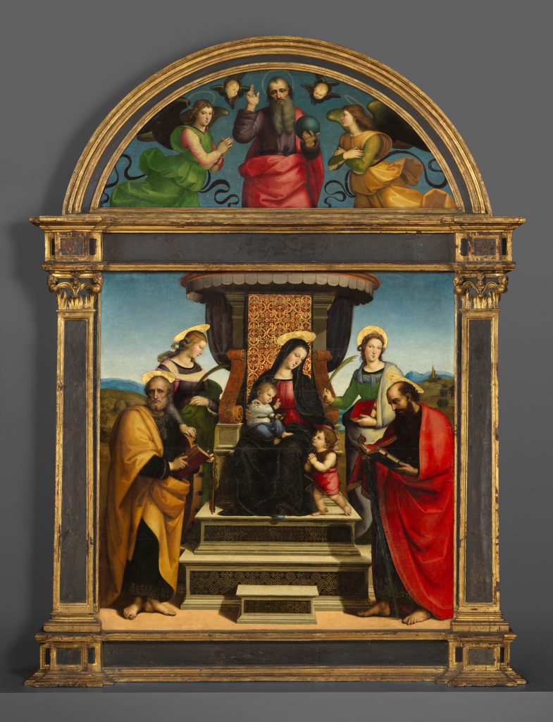 Met famous paintings: Raphael, Madonna and Child Enthroned with Saints, ca. 1504, Metropolitan Museum of Art, New York City, NY, USA.
