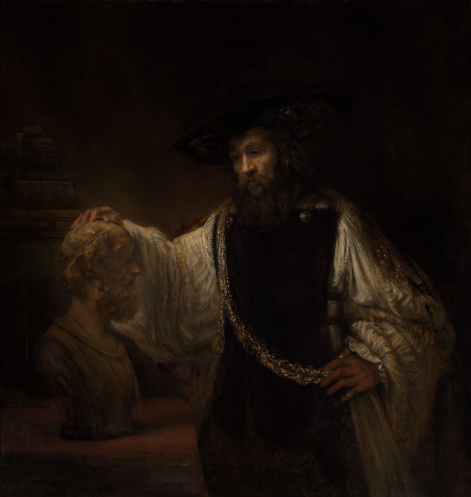 Met famous paintings: Rembrandt, Aristotle with a Bust of Homer, 1653, Metropolitan Museum of Art, New York City, NY, USA.
