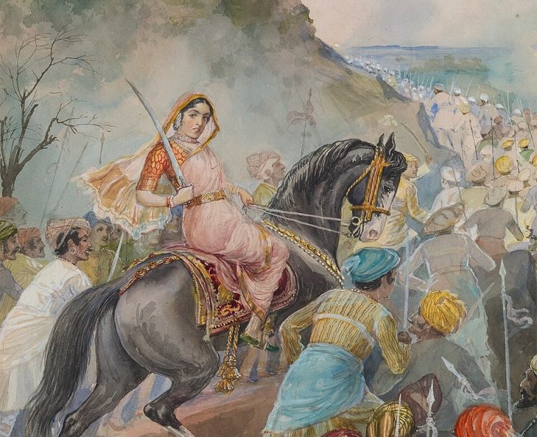 female warriors: M. V. Dhurandhar, Tarabai—Founder of the Kolhapur Confederacy, 1927, private collection. SaffrontArt. Detail.
