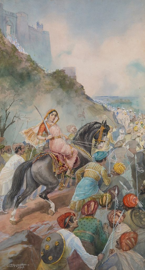 female warriors: M. V. Dhurandhar, Tarabai—Founder of the Kolhapur Confederacy, 1927, private collection. SaffrontArt.
