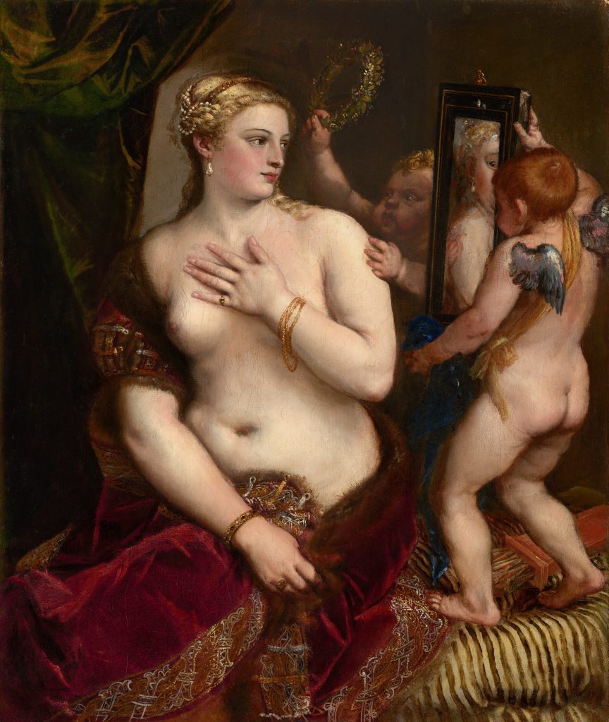 nakedness and nudity: Titian, Venus with a Mirror, 1555, National Gallery, London, UK.
