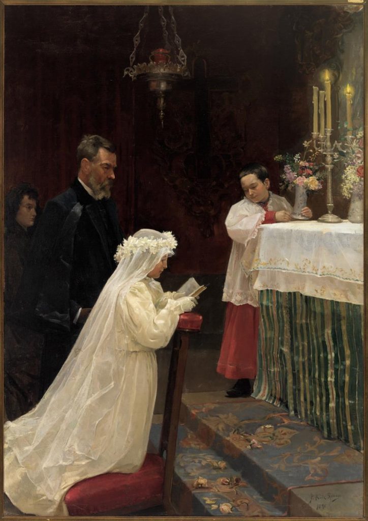 picasso early art: Pablo Picasso, First Communion, 1896, Museu Picasso, Barcelona, Spain.
