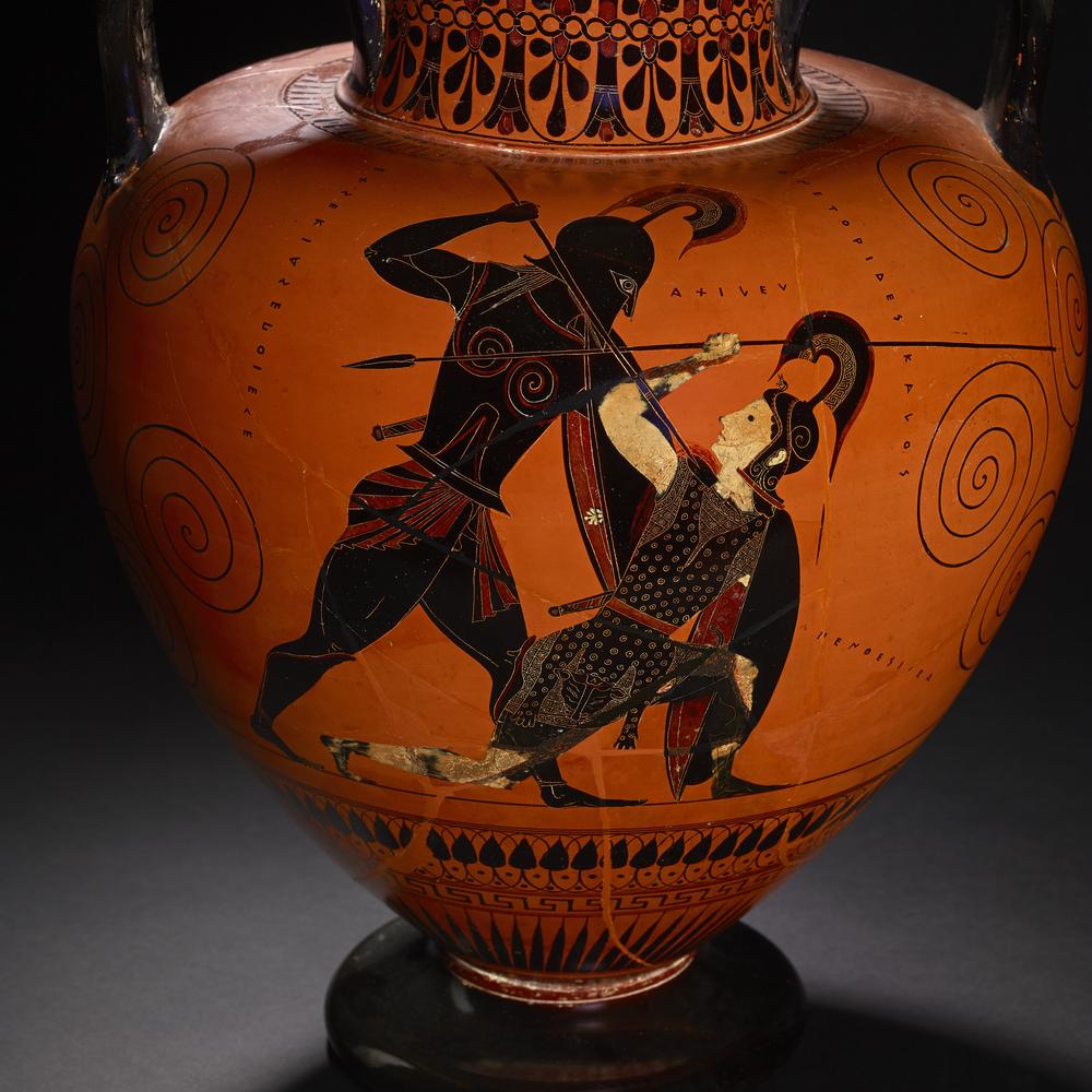 female warriors: Exekias, The Exekias Amphora with Achilles killing Penthesilea, ca. 540 BCE–530 BCE, British Museum, London, UK.
