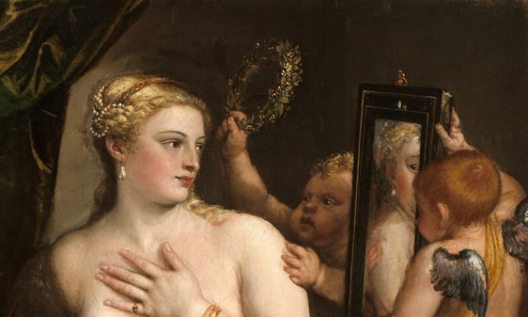 nakedness and nudity: Titian, Venus with a Mirror, 1555, National Gallery, London, UK. Detail.
