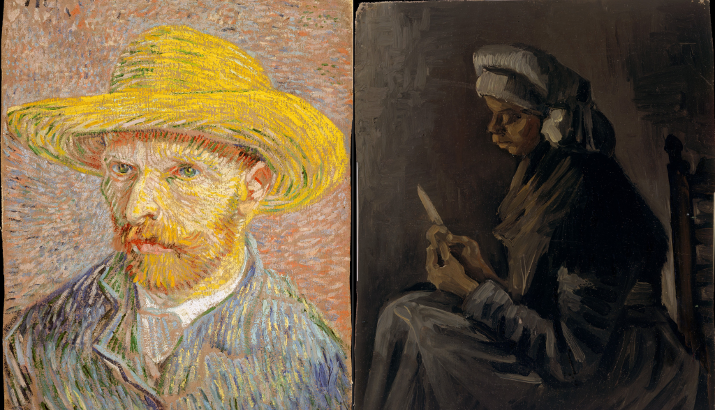 hidden gems at the met: Vincent van Gogh, Self-Portrait with a Straw Hat, 1887 obverse: The Potato Peeler, 1885, Metropolitan Museum of Art, New York, NY USA
