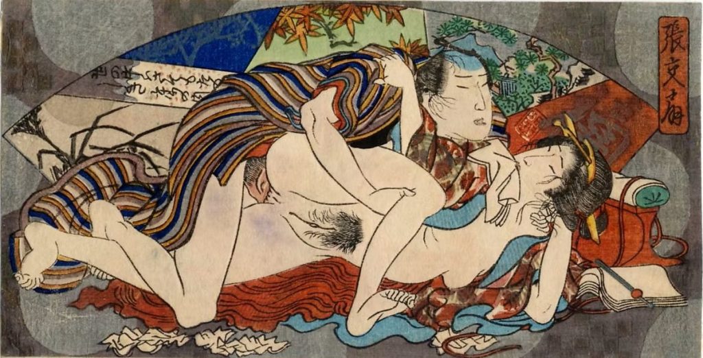 shunga: Harimaze Ôgi (The Decorated Fan), 1850–1860, Rijksmuseum, Amsterdam, Netherlands. Museum’s website. Detail.
