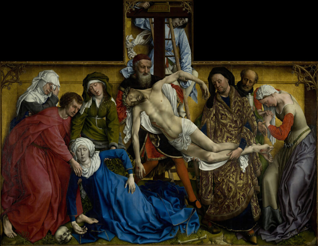Rogier van der Weyden: Rogier van der Weyden, The Descent from the Cross, before 1443, Museo del Prado, Madrid, Spain.
