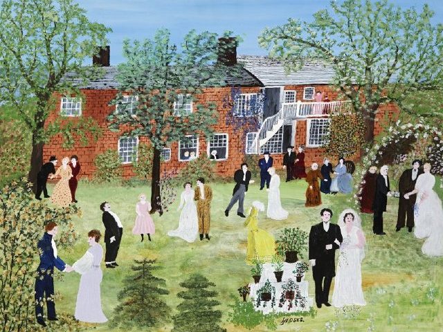 grandma moses paintings: Grandma Moses, A Country Wedding, 1951, Bennington Museum, Bennington, Vermont, USA. Museum’s website. © Grandma Moses Properties, New York.
