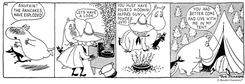 Moomin world: Tove Jansson, comic strip from Moomin and Family Life, 1955. © Moomin Characters™. Tumblr.
