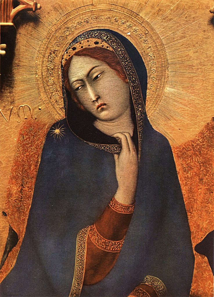 Eleanor fortescue brickdale: Simone Martini and Lippo Memmi, Annunciation with St. Maxima and St. Ansanus, 1333, Uffizi Gallery, Florence, Italy. Detail.
