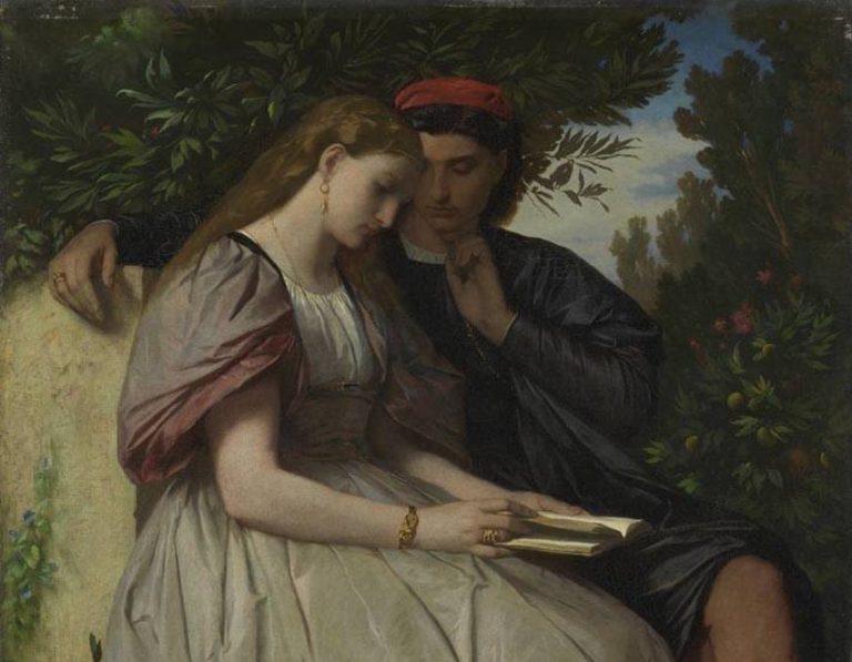famous couples in paintings: Anselm Feuerbach, Paolo and Francesca, 1864, The Schack Collection, Alte Pinakothek, Munich, Germany. Detail.
