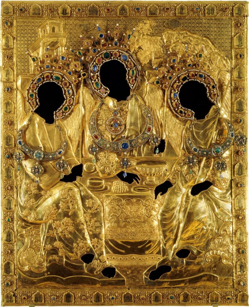 Icons Guide: Cover for the Holy Trinity icon by Andrei Rublev, 1600-1625, State History and Art Museum-Preserve, Sergiyev Posad, Russia.
