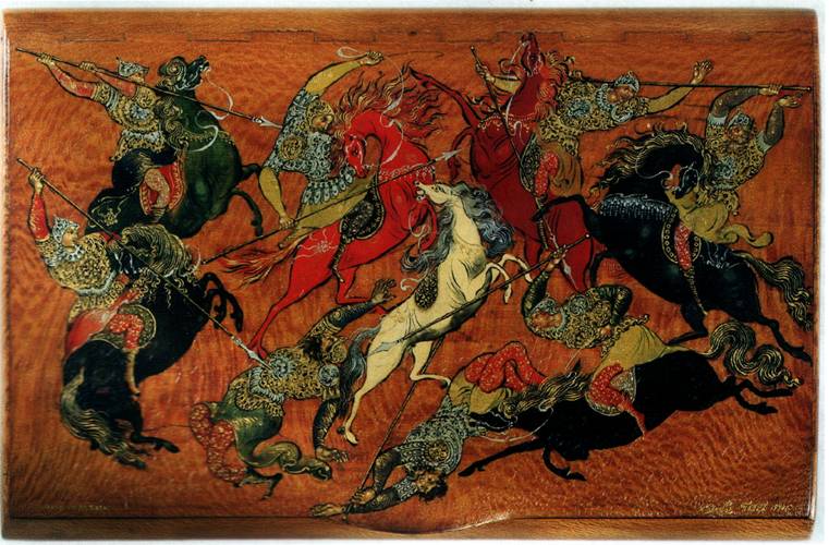 Icons Guide: Cigarette case with Palekh miniature showing Ivan Golikov, The Battle, 1930. Photograph via Wikimedia Commons (public domain).
