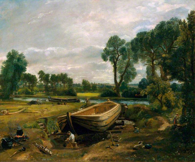 john constable: John Constable, Boat Building near Flatford Mill, 1815, Victoria and Albert Museum, London, UK.
